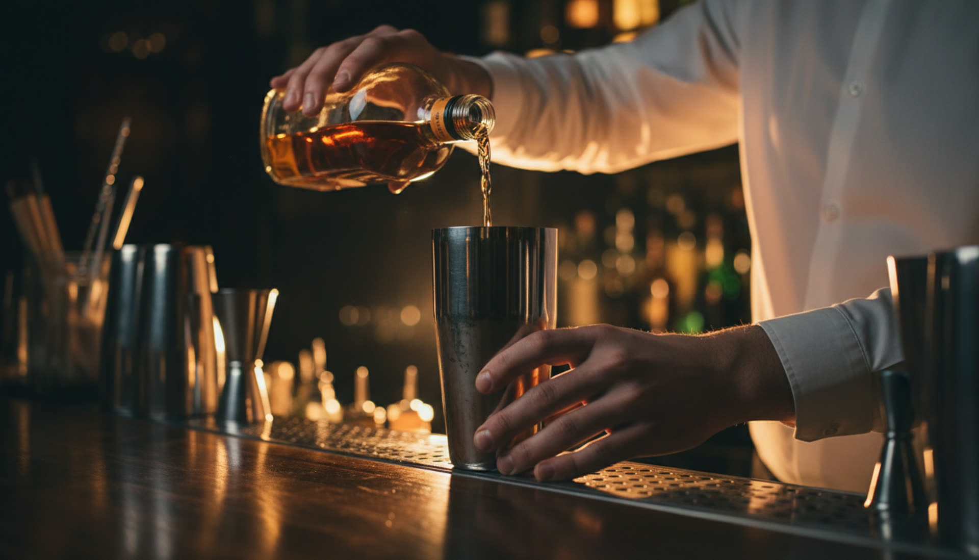 Bartender pouring drink at polished bar top