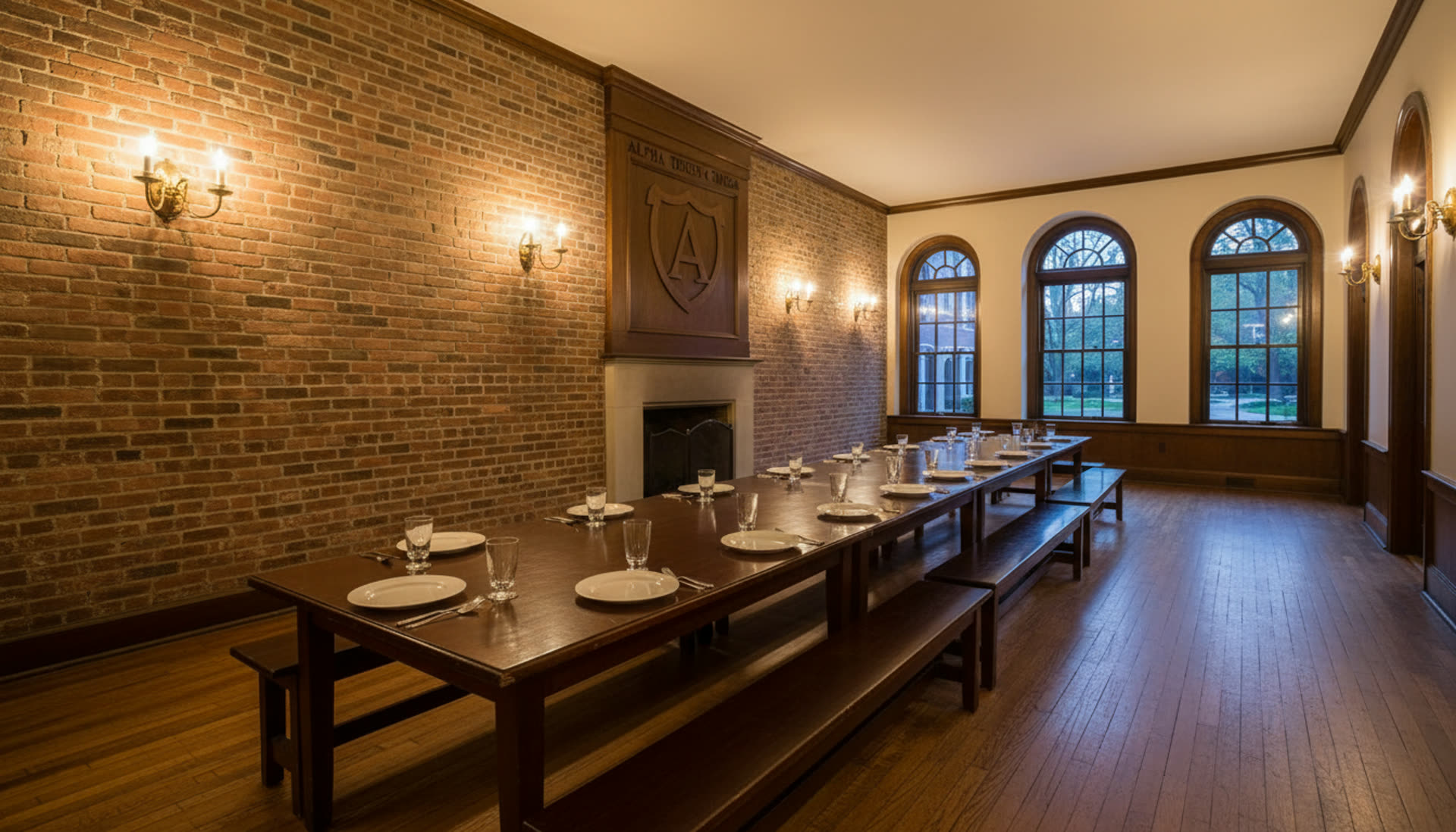 Greek-letter dining hall with wood communal table
