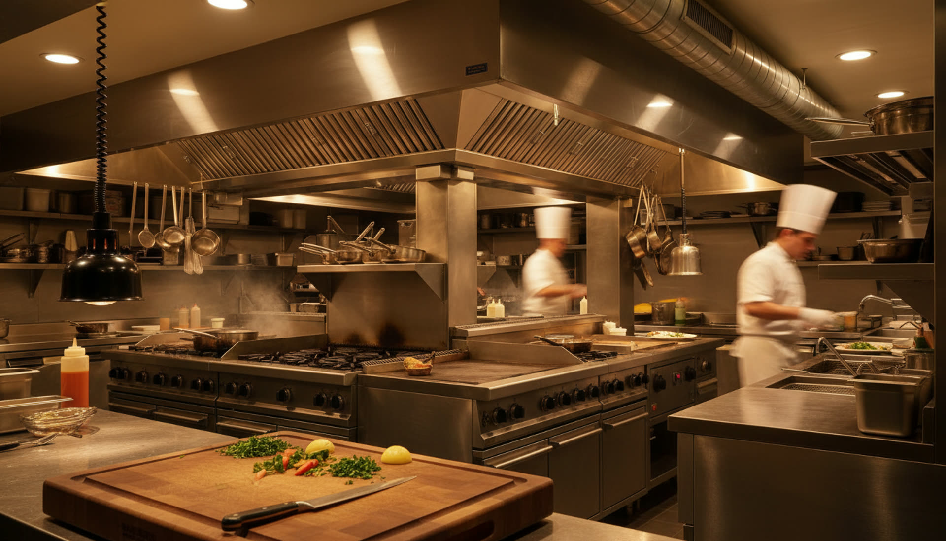Restaurant kitchen with chefs and hood ventilation