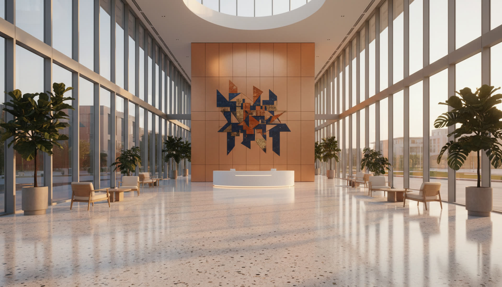 Modern tech campus lobby with glass walls