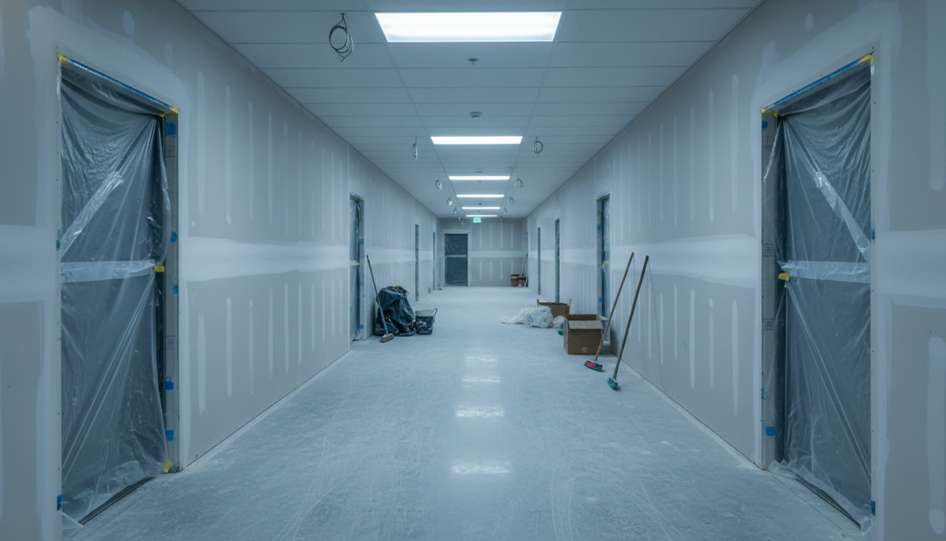 Apartment complex hallway during cleanup phase