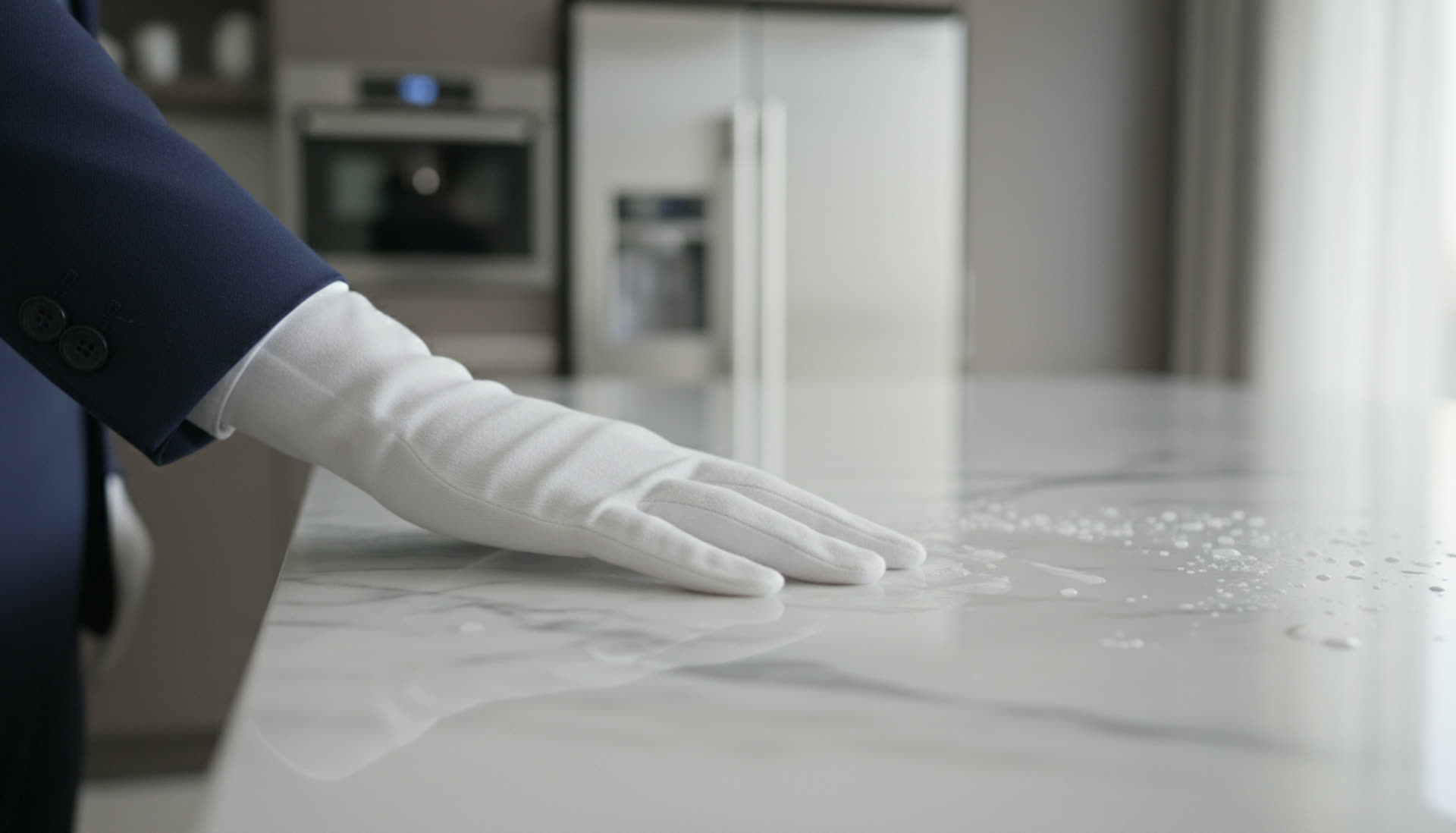 White-gloved hand wiping marble countertop